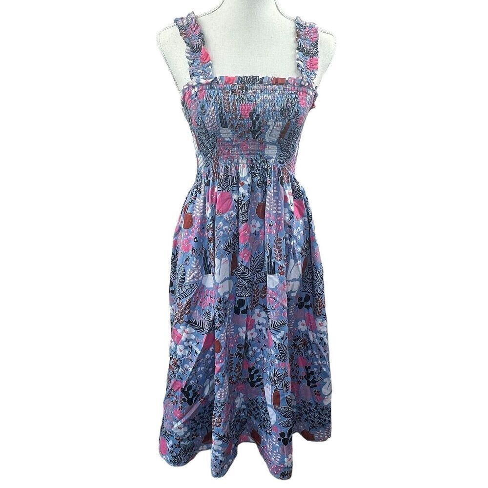 Kate Spade Blue Garden Posy Smocked Midi Dress XS Sleeveless Sundress
